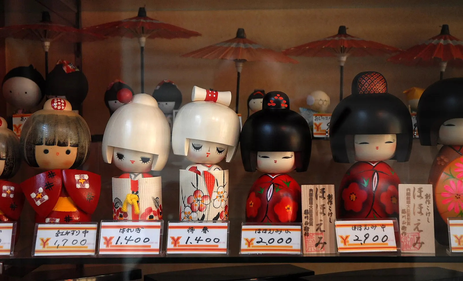 A shop window of kokeshi dolls on Nakamise-dori