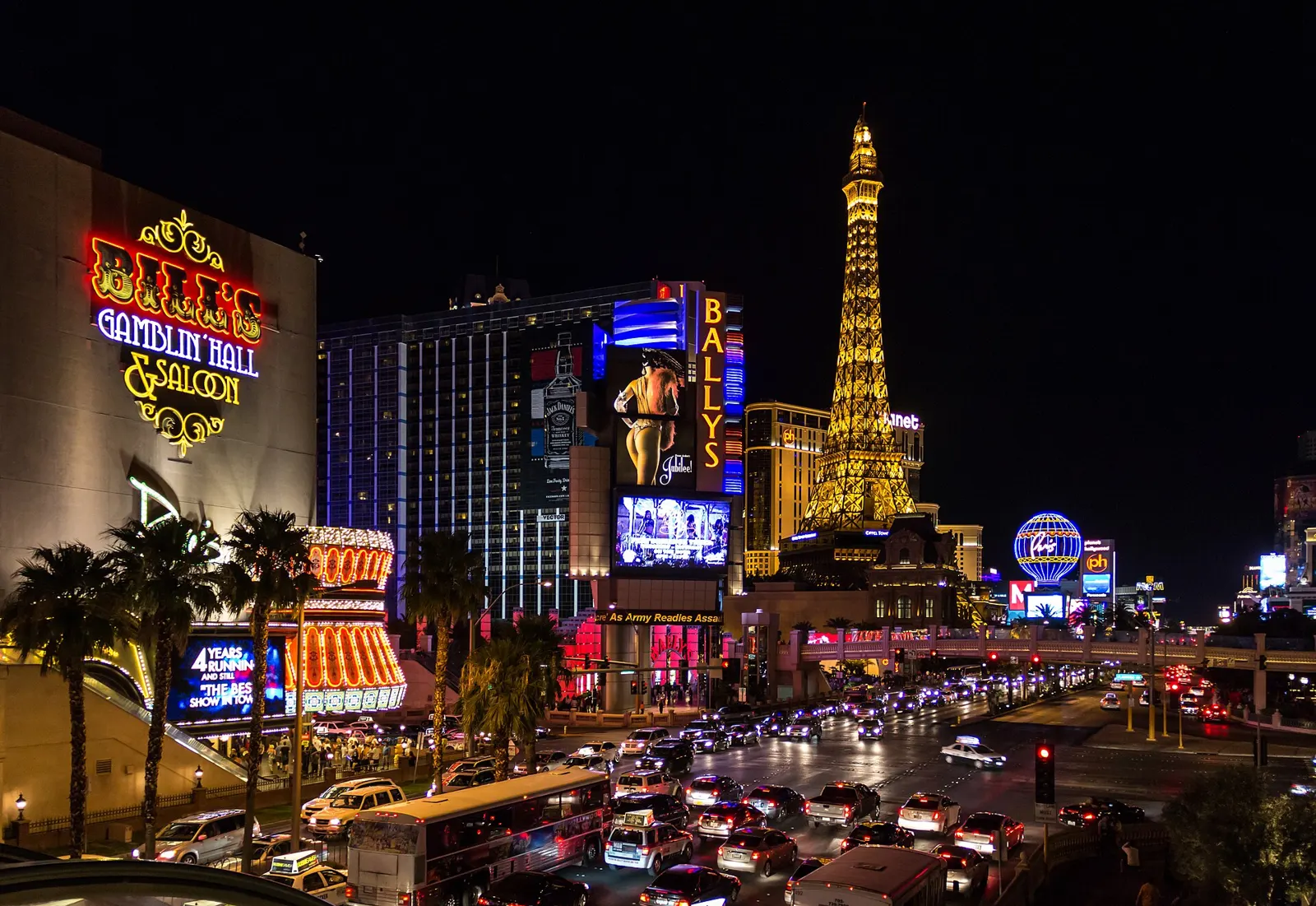 The Las Vegas Strip with hotel towers lit up at night